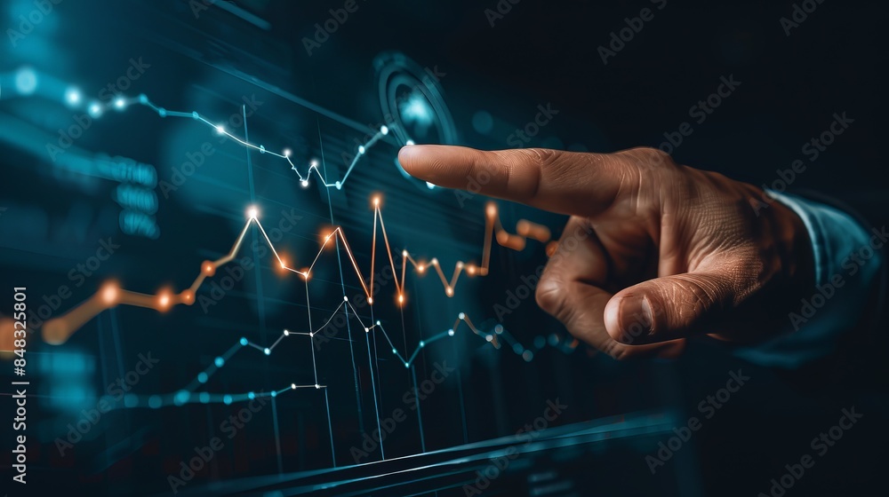 Poster close-up of a person's hand pointing at a digital financial graph on a screen, highlighting stock ma