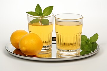 Close up of fresh lemon slices with juice drops and mint tea cup on clean white background
