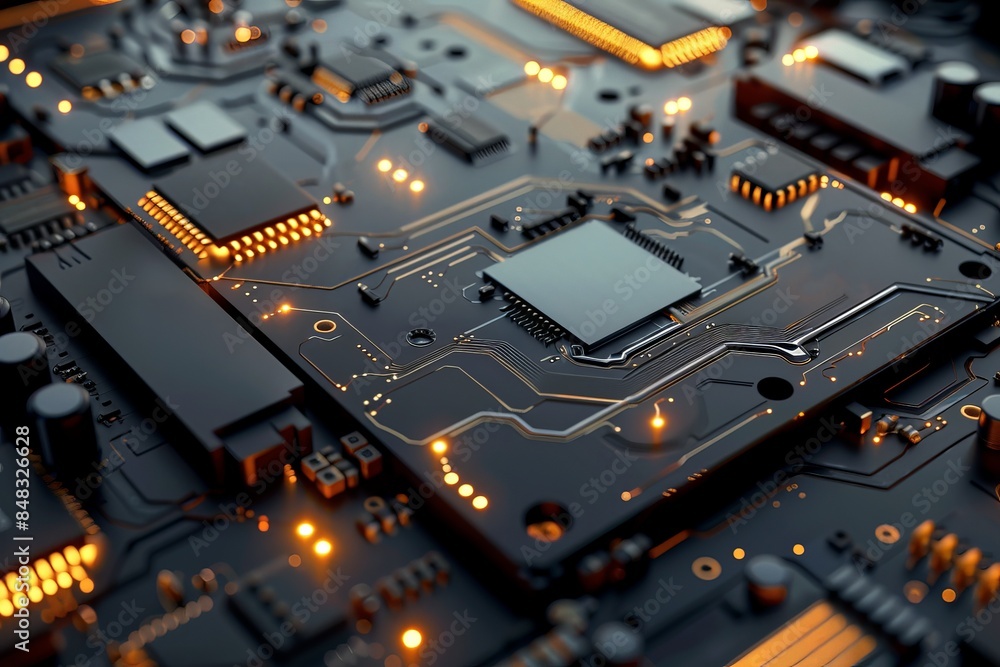 Poster close-up of an illuminated electronic circuit board with microchips and components, showcasing moder