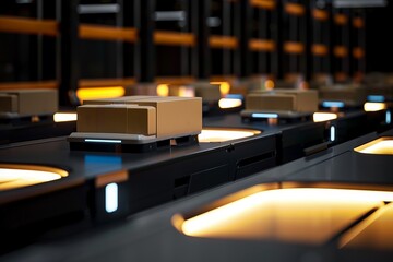 Close-up of automated robotic system in a modern warehouse, showcasing efficient logistics and technology advancements with warm lighting.