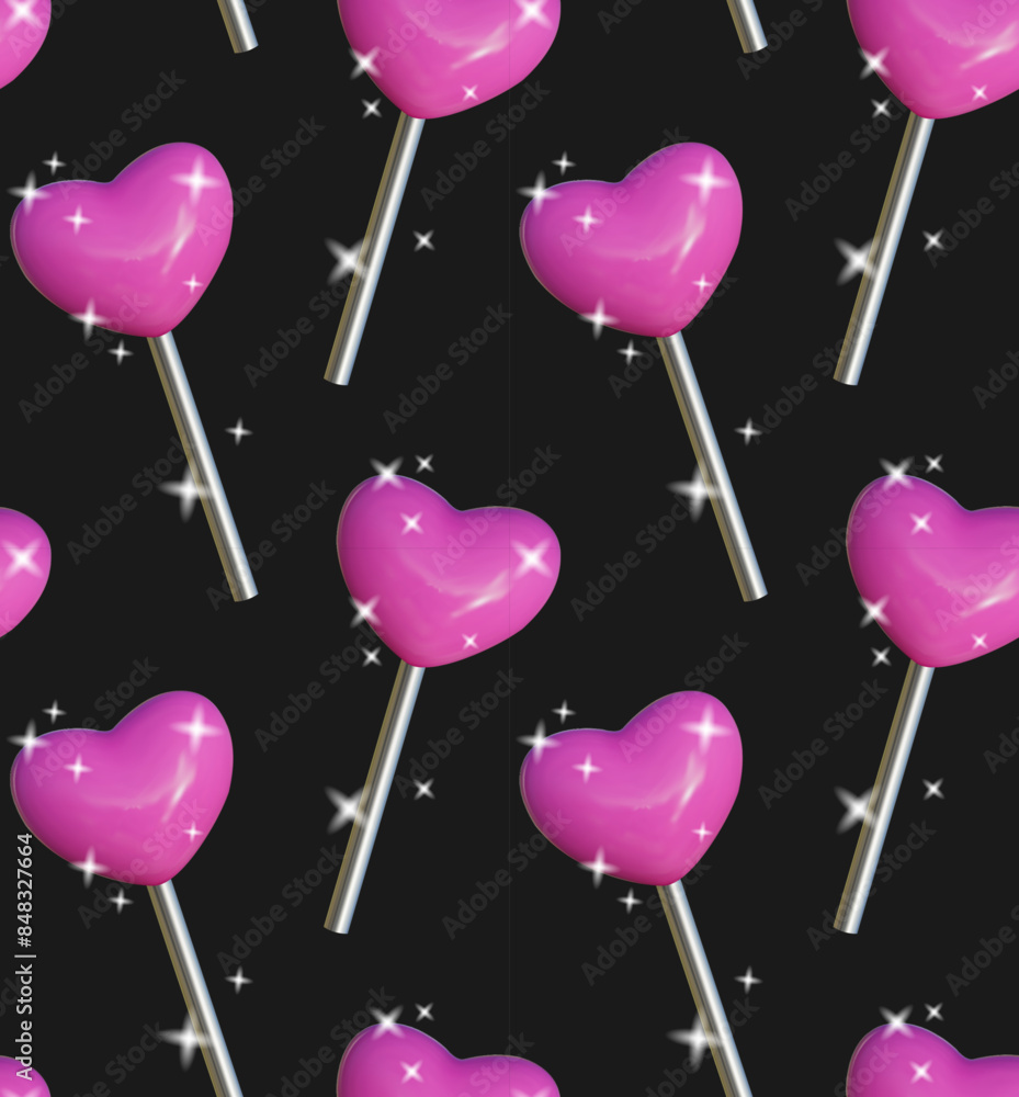 Poster abstract seamless pattern in y2k style. the 3d heart-shaped candy has a pink plastic texture and is 