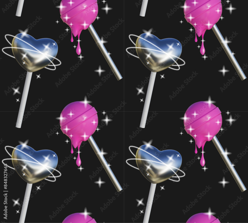 Aufkleber abstract seamless pattern in y2k style. three-dimensional sweets in the shape of a heart and a ball 