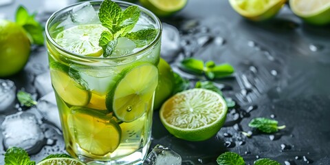 Fototapeta premium Refreshing Summer Drink Cold Lemonade with Lime, Mint, and Ice in a Glass on White. Concept Summer vibes, Citrus refreshment, Cold beverage, Lemon-lime twist, Chilled drink