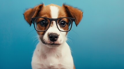 A cute puppy wearing glasses looks at the camera with a serious expression.