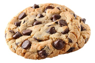 Close-up of two delicious chocolate chip cookies, perfect for dessert or snack. Crisp edges, gooey center with melted chocolate chips, white background