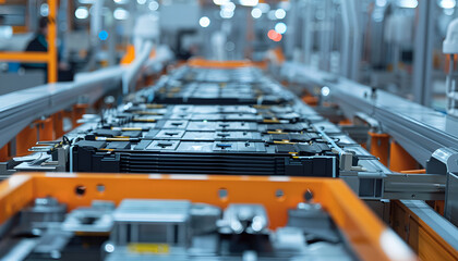 Fototapeta premium Electric vehicle battery cells are assembled on a mass production line
