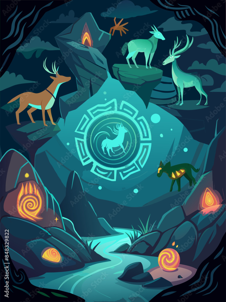 Poster a painting of a forest with a large circle in the middle. the circle has a number of animals on it, 