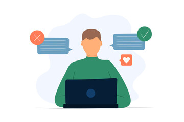 Freelance man works on laptop with social networks. Home remote work concept for SEO, SMM, social media employees. For websites, promotion, social media banners.