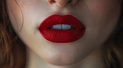 Image focusing on a woman's mouth, featuring perfectly applied red lipstick, highlighting beauty