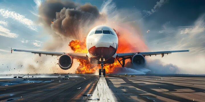 Description Commercial jet accident on runway engine fire rescue passengers from danger. Concept Airplane Emergency, Runway Accident, Engine Fire, Passenger Rescue, Emergency Response