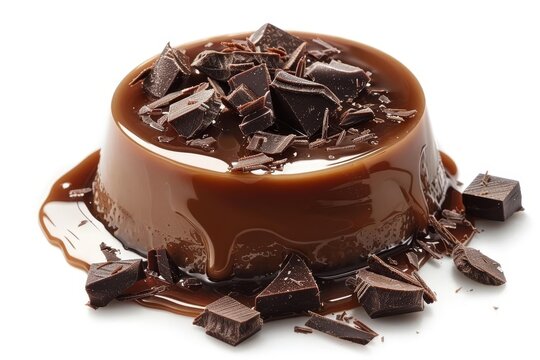 Rich chocolate flan with chunks of dark chocolate, oozing with caramel sauce, perfect for dessert lovers and gourmet food imagery, white background