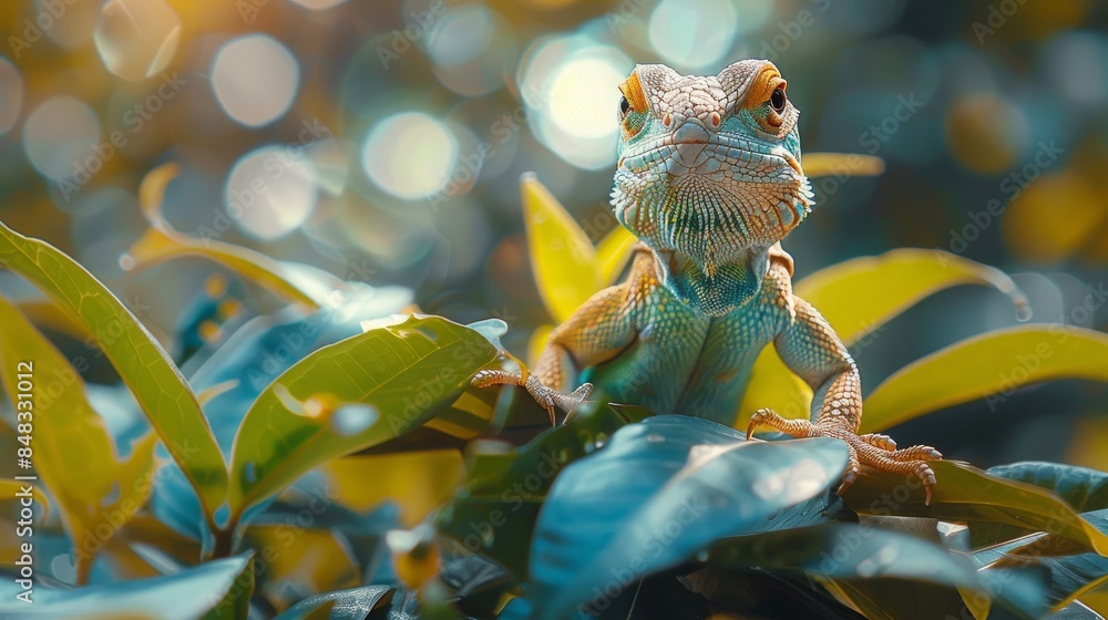 Poster a chameleon with striking colors perched on a leaf with a soft bokeh background highlights the beaut
