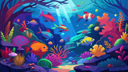 A colorful underwater scene with a variety of fish swimming around. Scene is lively and vibrant, with the bright colors of the fish and the ocean creating a sense of energy and excitement