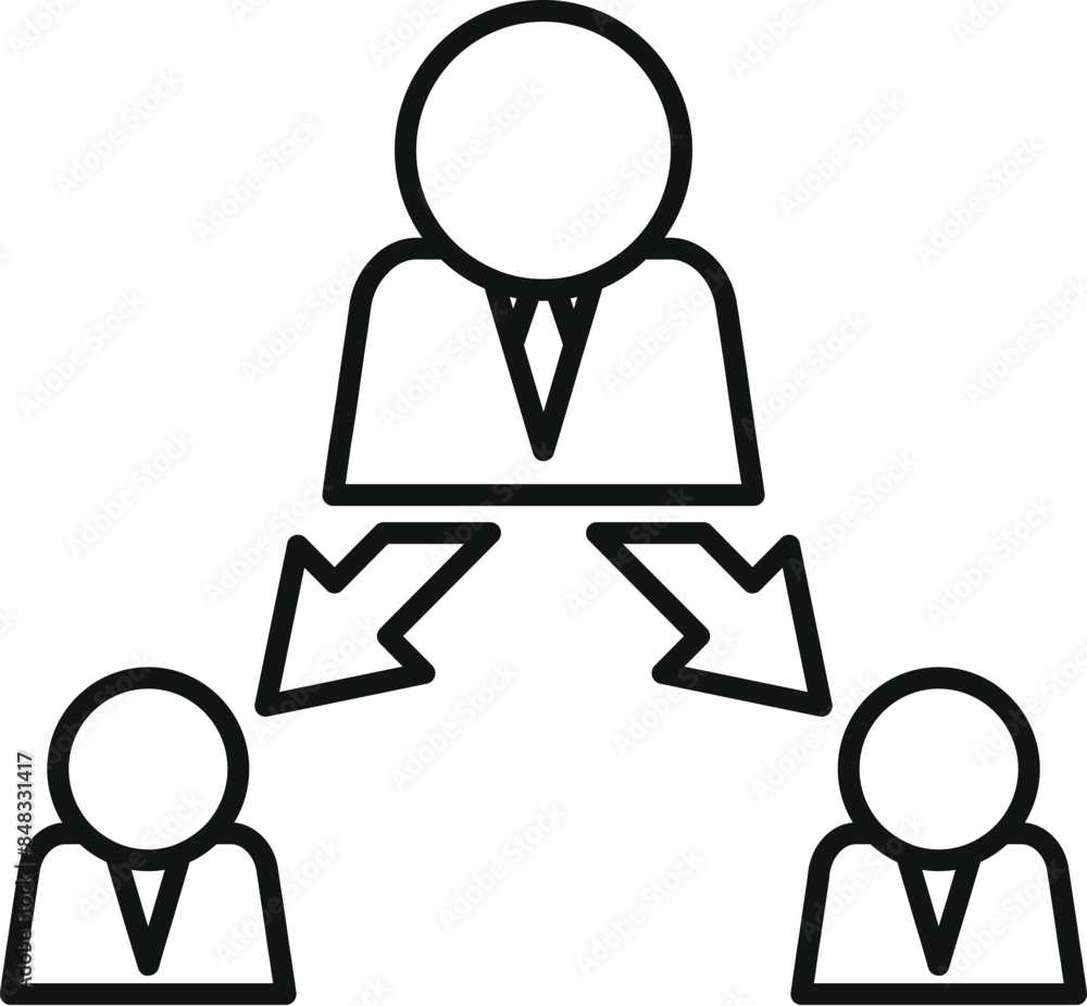 Poster simple line art icon of a manager delegating tasks to two employees, symbolizing leadership and work