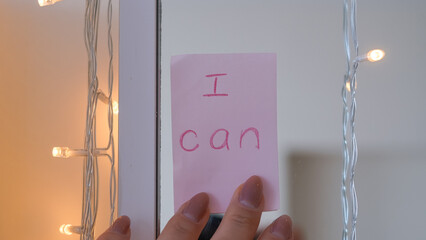 motivational quote on pink sticker inscription I can