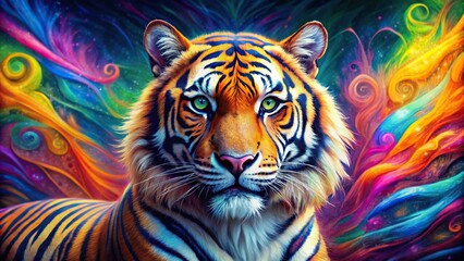 Vibrant and eye-catching tiger painted in colorful swirls, wildlife, animal, art, vibrant, colorful, abstract, swirls