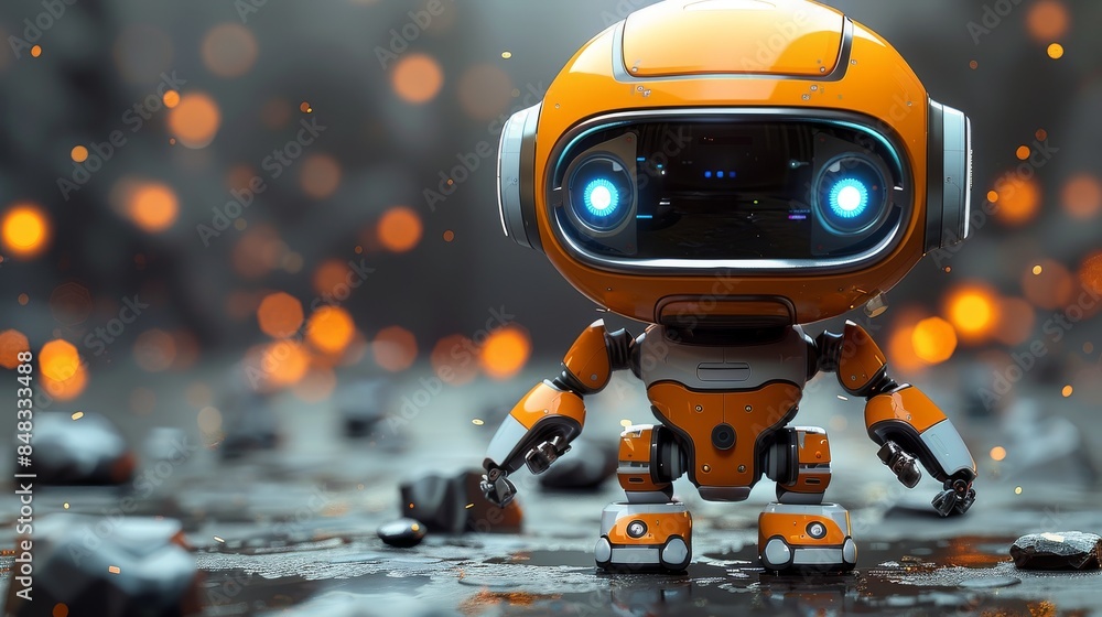 Poster an orange and white robot in a wet environment, glowing eyes hinting at advanced ai capabilities