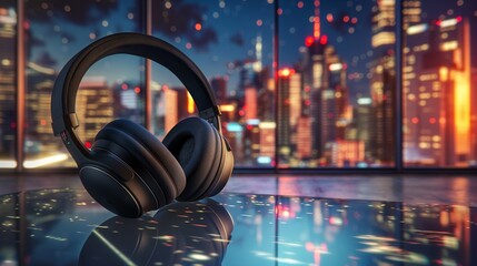 A stunning set of wireless headphones resting on a glass table, with a city skyline at night in the background, illustrating an advertisement for electronics.