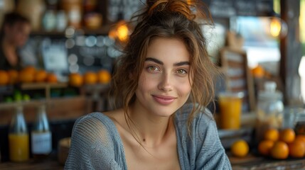 A young smiling woman with natural makeup looking at the camera in a warmly lit cafe setting