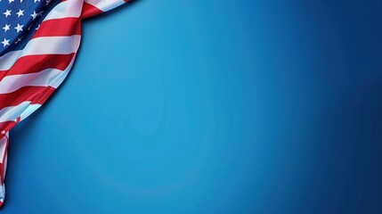 plain sapphire blue background with a USA flag theme in the corner and copy space for text on the left