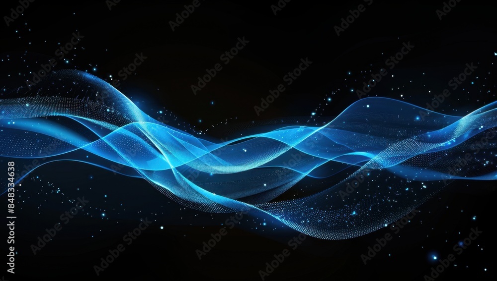Poster abstract blue wave background with dots and lines, dark gradient generative ai