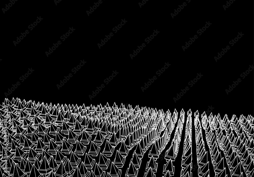 Poster Abstract 3d background with surface of wireframe pyramids, in retro computer style. Y2k low poly grid graphics