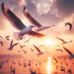Seagulls flying freely in the blue sky over the ocean,Generative AI