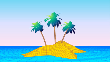 Lonely island with palms on the sandy beach, in retro computer style. Vaporwave palm island in the ocean