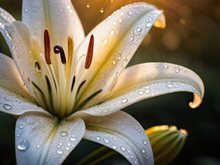 White lily with waterdrops in the sunset light