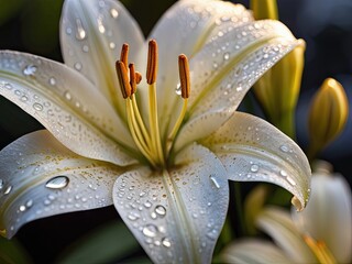 White lily with waterdrops in the sunset light