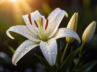 White lily with waterdrops in the sunset light