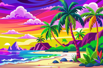 Tropical sunset with palm trees and ocean. Colorful evening sky over tropical beach and palms. Scenic sunset view with purple sky and sandy beach. Нolidays and travel, tourism, family resort