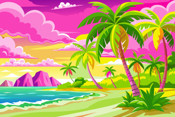 Obraz premium Exotic beach sunset with palm trees and ocean. Colorful evening sky over tropical beach and palms. Scenic sunset view with purple sky and sandy beach. Нolidays and travel, tourism, family resort