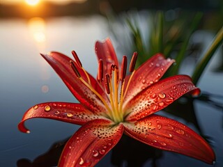 Red lily with waterdrops in sunset light