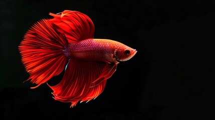 Vibrant red Betta fish with flowing fins swimming gracefully against a dark black background in this striking underwater photograph.
