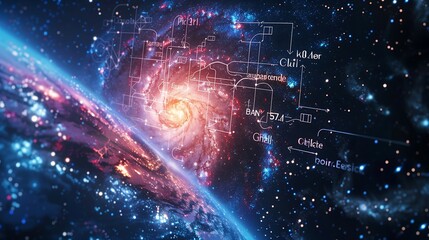 Obraz premium Mathematical and physical formulas against the background of a galaxy in universe