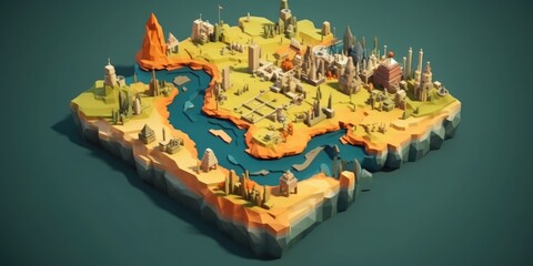 Stylized low-poly 3D map with a river winding through colorful landscapes. A low-poly artwork of a floating island with various element such as river, mountain. Digital art for geography. AIG35.