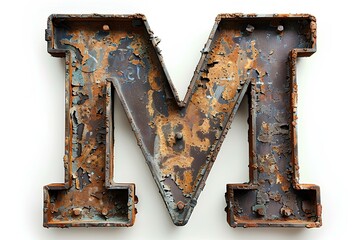 A rusted metal letter m on a white background