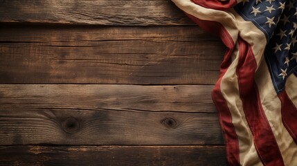 A wooden background with a red and white American flag on top
