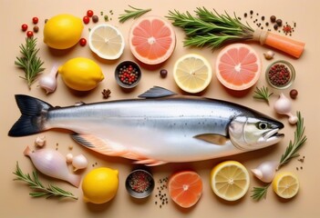 A top-down view of a raw salmon steak with lemon wedges and spices on a beige background
