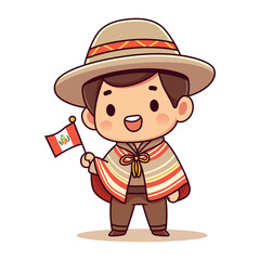Andean Peruvian boy holding a flag of Peru with pocho and hat