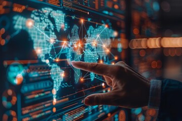 Person using futuristic digital interface on a world map, focusing on data analysis and network connection for global business or technology.