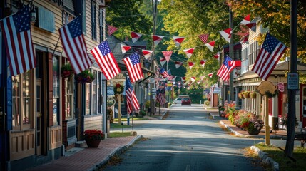 quaint small-town main street decked out in patriotic banners and flags