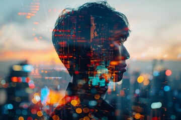 Silhouette of a person with a cityscape and digital overlay, symbolizing modern technology and urban life at sunset.