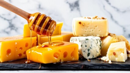 Cheese board glistening with hot honey.