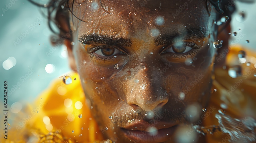 Poster detail of a blurred subject in the middle with a clear view of sparkling water droplets around