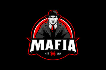 Man in fedora hat and suit cartoon character vector logo template