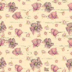 Hand drawn wildflowers seamless pattern on wooden texture