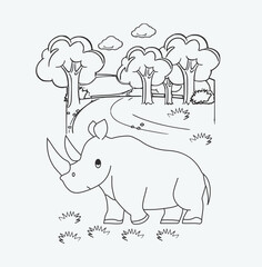 Vector Rhino silhouette line drawing or Rhino sketch illustration.