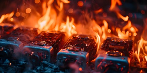 Image illustrating dangers of lithiumion battery fires safety hazards and prevention measures. Concept Battery Safety, Lithium-ion Fires, Hazards, Prevention Measures, Safety Tips